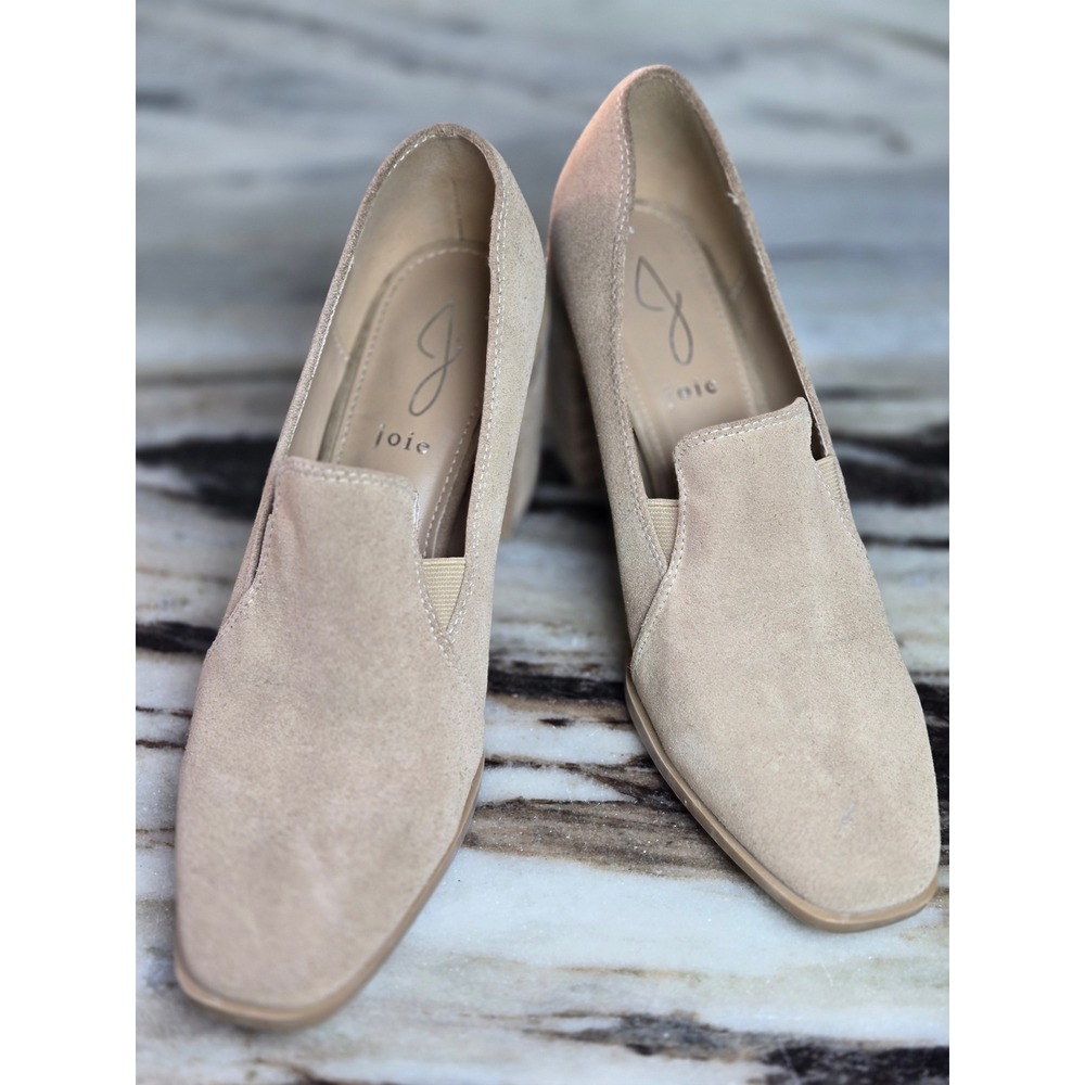 Joie Tan Suede Block Heel Loafers Square Toe Slip On Pumps Size 8 Beige Sand